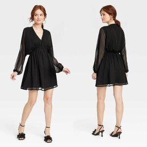 XS - Womens Balloon Long Sleeve Mini Dress - A New Day - Black